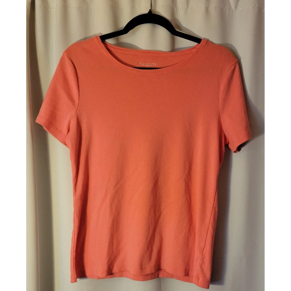 Talbots Womens Large Coral Orange 100% Cotton Short Sleeve Crewneck Tee Shirt